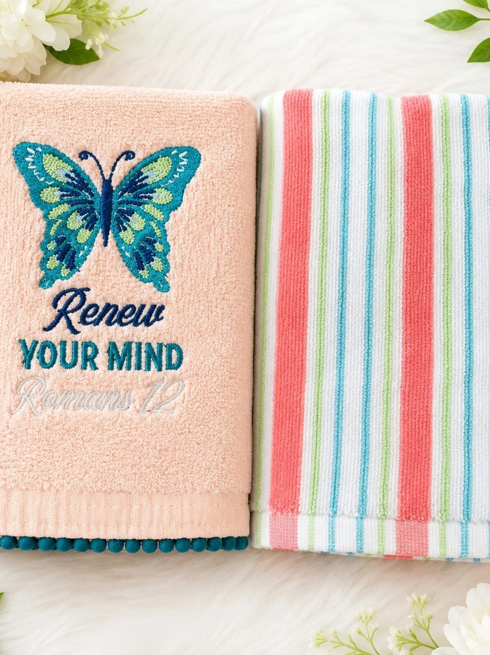 Inspirational Butterflies & Scripture Hand Towel - Peach Set